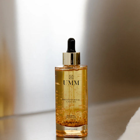The Golden Ritual Oil by UMM Skincare, a 24K gold pre-shower body oil inspired by Abhyanga, the Ayurvedic warm-oil ritual