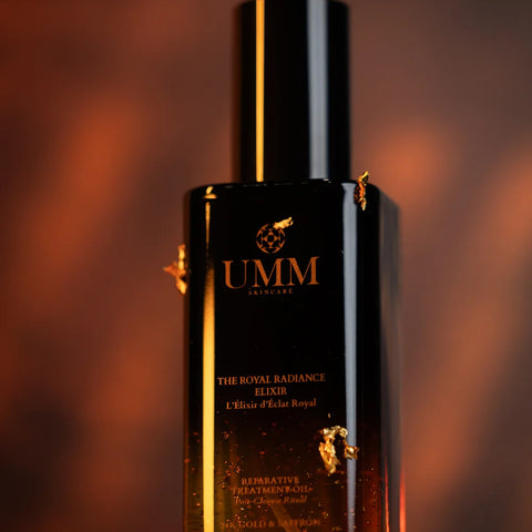 The Royal Radiance Elixir by UMM Skincare, an Ayurveda-inspired 24K gold body oil with Bakuchi and saffron