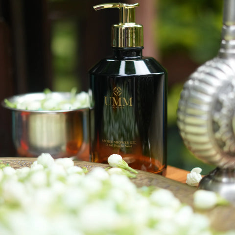 The Sacred Shower Gel by UMM Skincare, an Ayurveda-inspired botanical body cleanser inspired by Snāna, the sacred bath